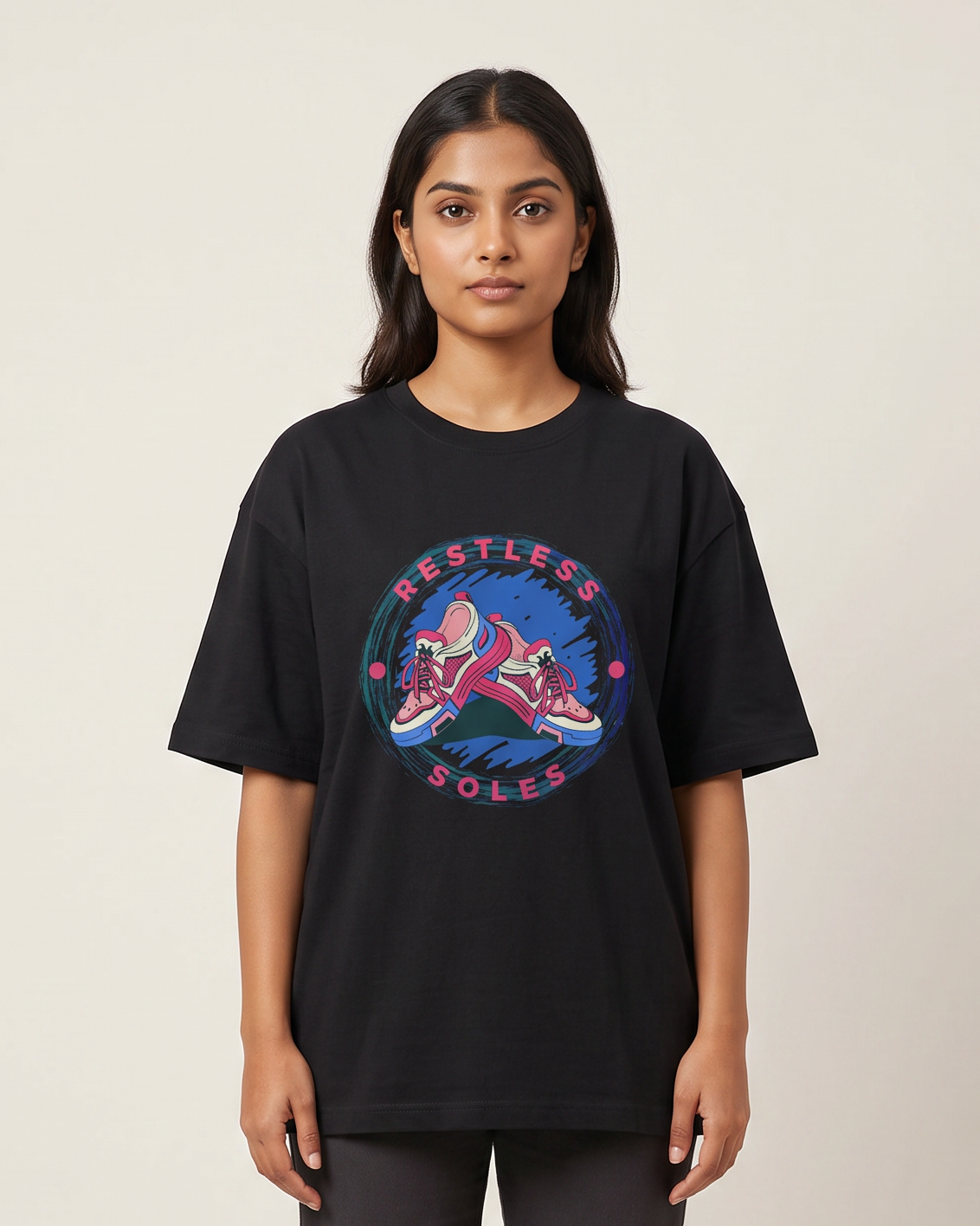 Restless Soles - Black - Chapter26 premium oversized graphic t-shirt, worn by a female model