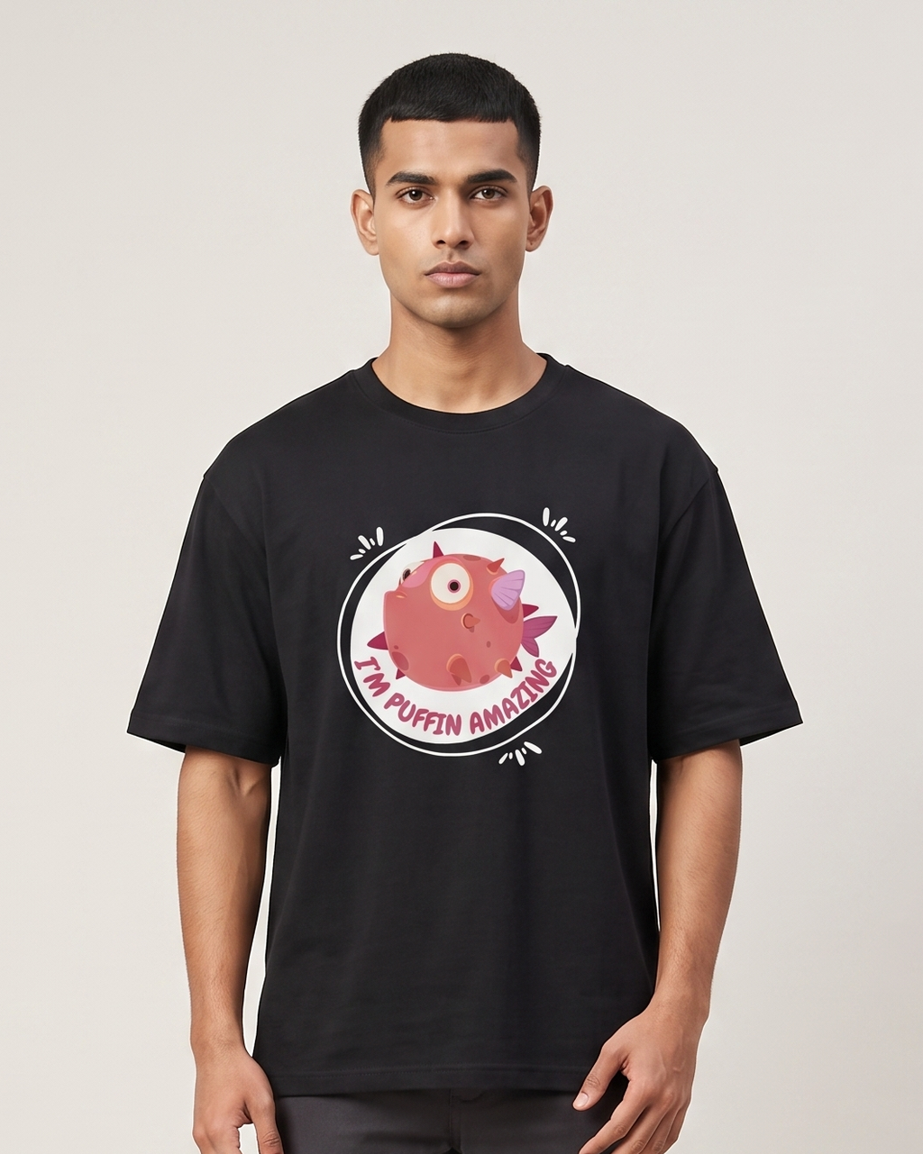Puffin Amazing - Black - Chapter26 premium oversized graphic t-shirt, worn by a model