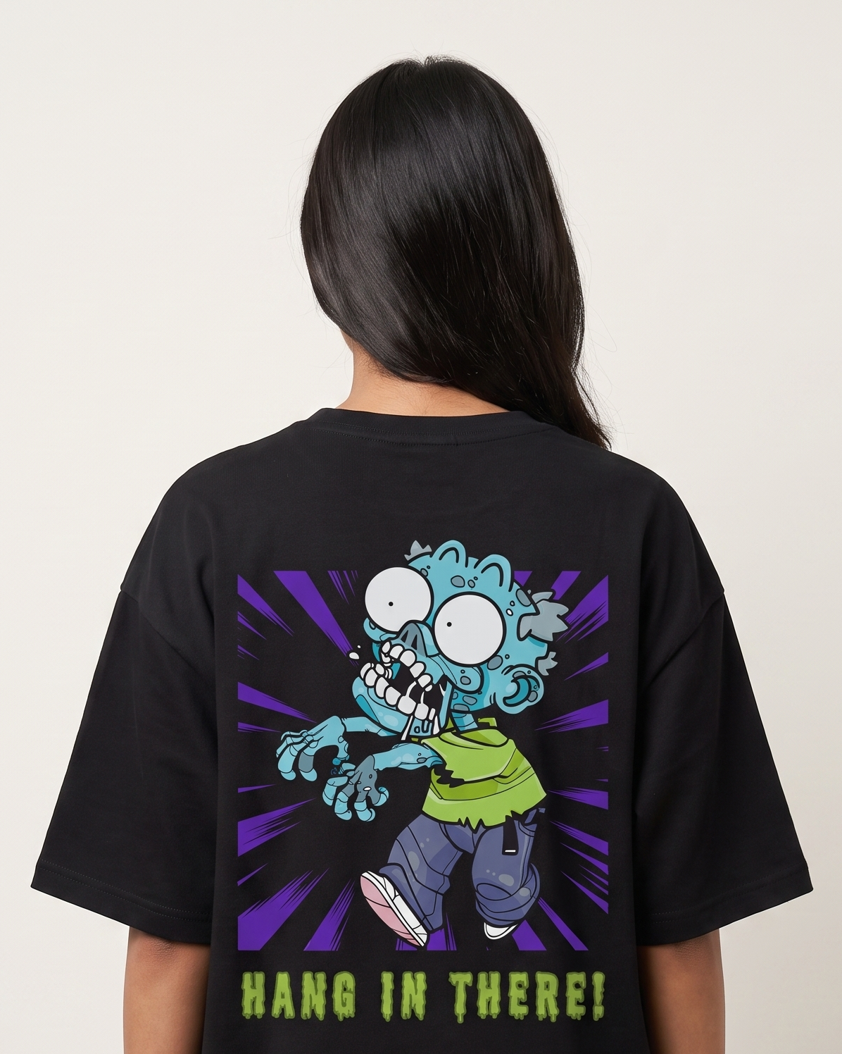 Hang In There - Black - Chapter26 premium oversized graphic t-shirt, back print, worn by a female model