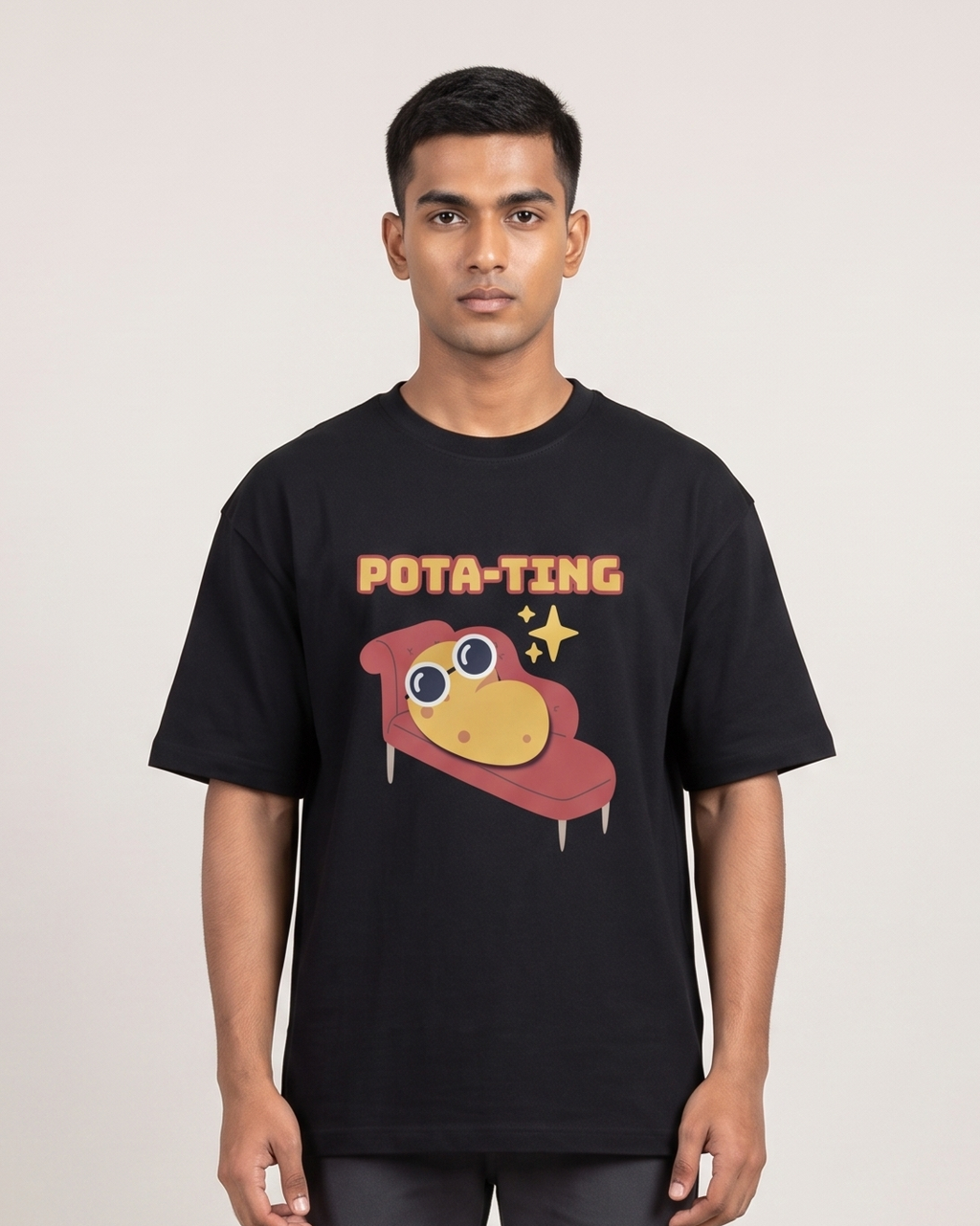 Pota-Ting - Black - Chapter26 premium oversized graphic t-shirt, worn by a model