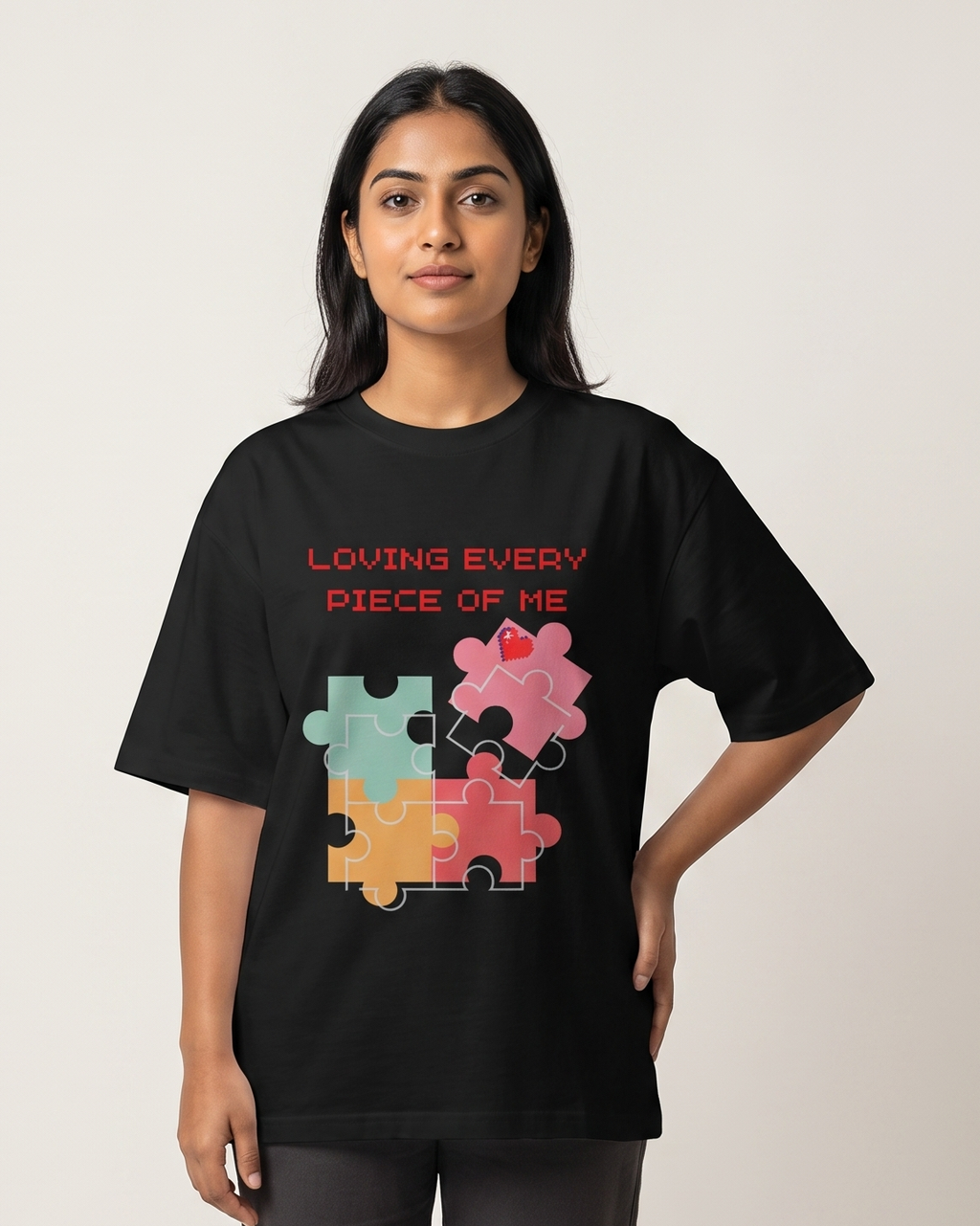 Loving Every Piece of Me - Black - Chapter26 premium oversized graphic t-shirt, worn by a female model