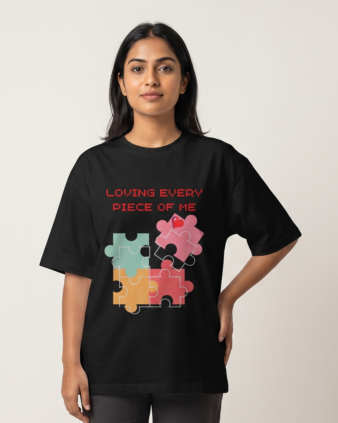 Loving Every Piece of Me - Black - Chapter26 premium oversized graphic t-shirt, worn by a female model