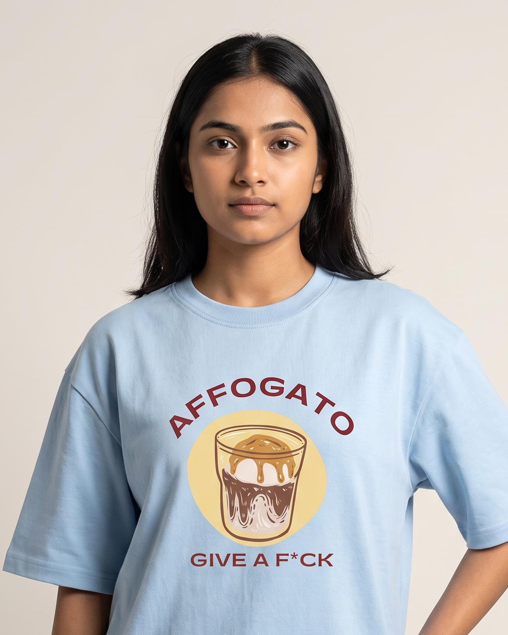 Affogato Give A F*CK - Baby Blue - Chapter26 premium oversized graphic t-shirt, worn by a female model