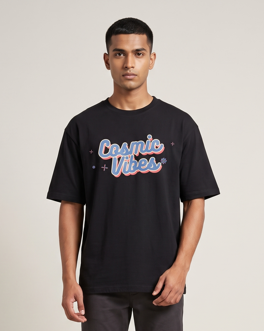 Cosmic Vibes - Black - Chapter26 premium oversized graphic t-shirt, worn by a model