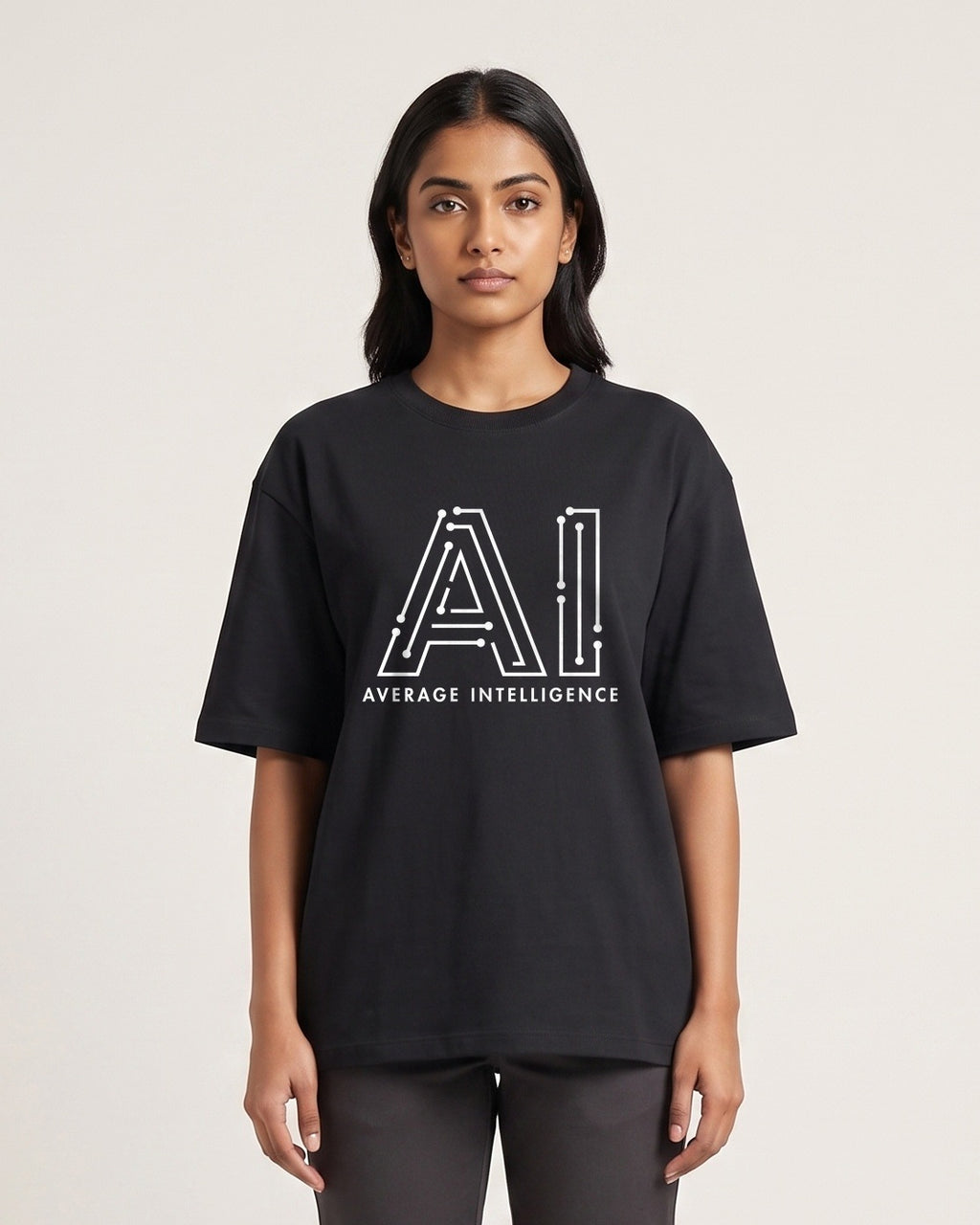 AI Average Intelligence - Dark - Black - Chapter26 premium oversized graphic t-shirt, worn by a female model