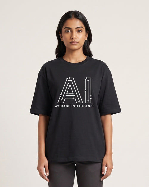 AI Average Intelligence - Dark - Black - Chapter26 premium oversized graphic t-shirt, worn by a female model
