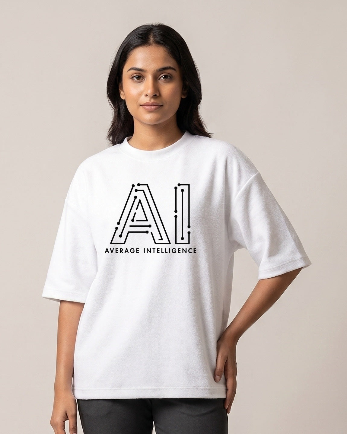 AI Average Intelligence - Light - White - Chapter26 premium oversized graphic t-shirt, worn by a female model