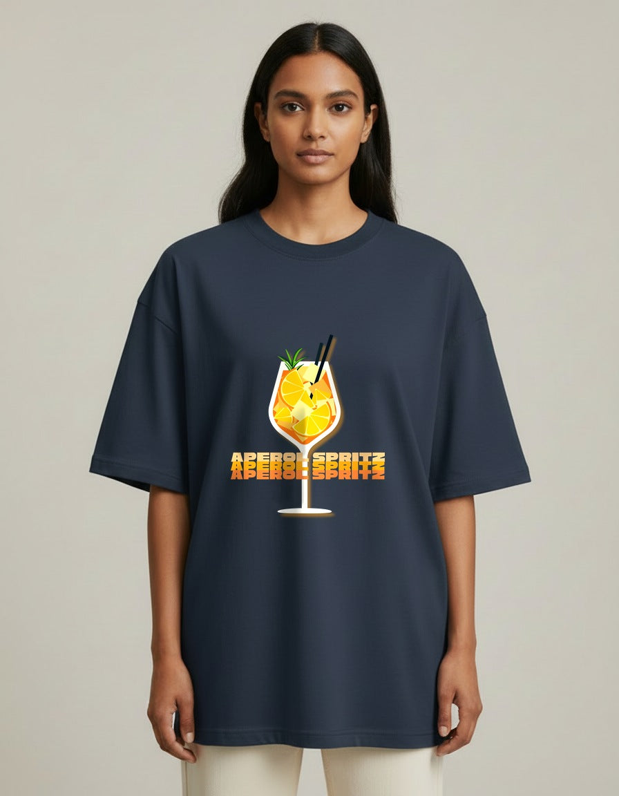 Aperol Spritz - Navy Blue - Chapter26 premium oversized graphic t-shirt, worn by a female model