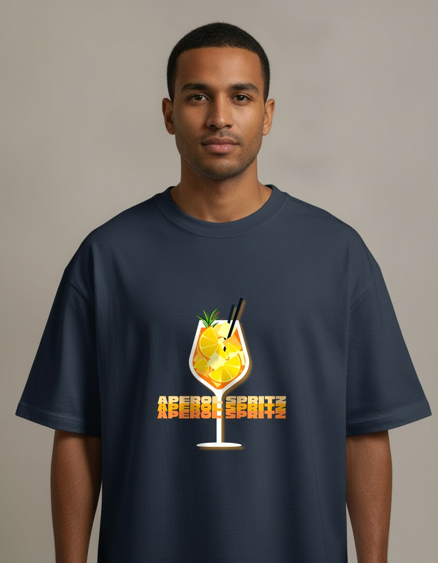 Aperol Spritz - Navy Blue - Chapter26 premium oversized graphic t-shirt, worn by a male model