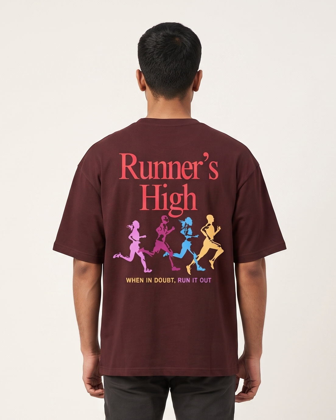 Runner's High - Maroon - Chapter26 premium oversized graphic t-shirt, back print, worn by a model