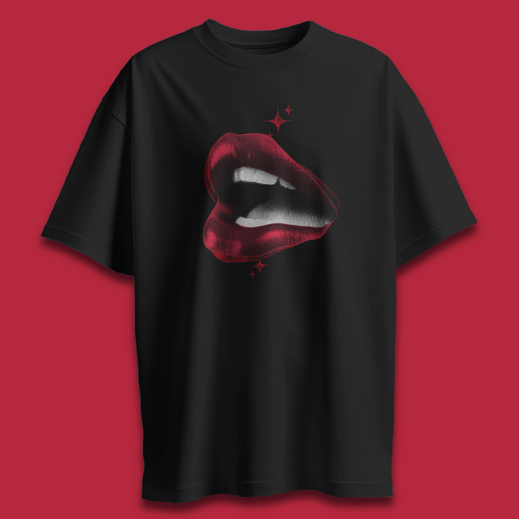 Luscious Red - Chapter26 black oversized unisex t-shirt with red lips graphic, front view