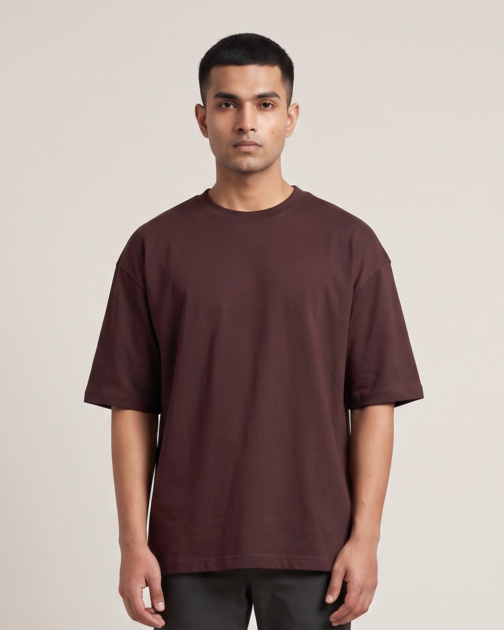 Mega Maroon oversized t-shirt front on model