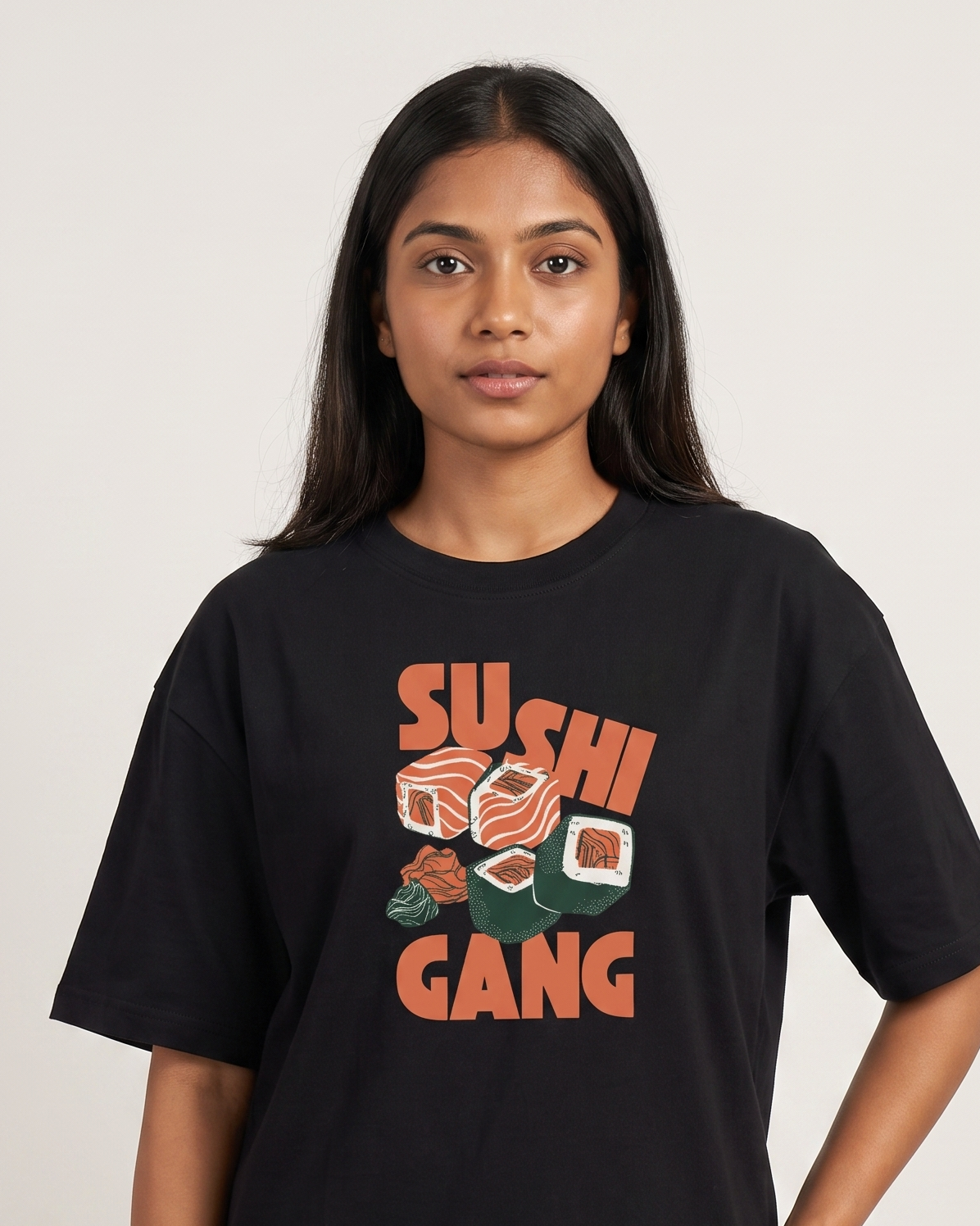 Sushi Gang - Black - Chapter26 premium oversized graphic t-shirt, worn by a female model