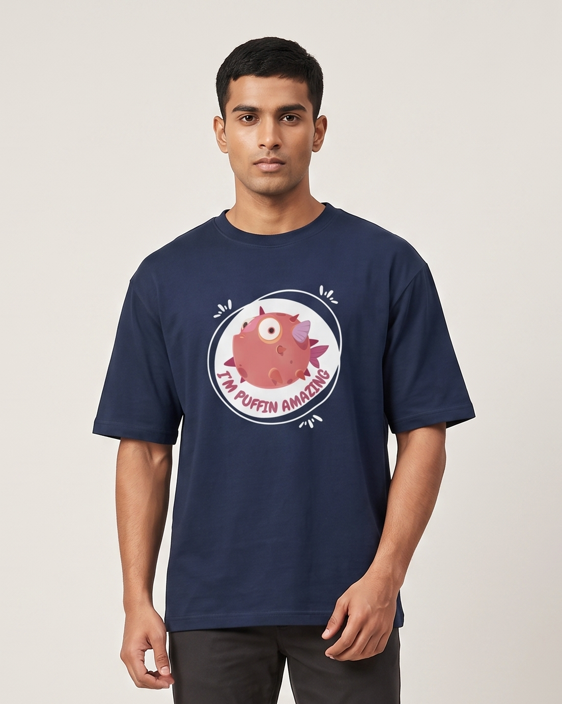 Puffin Amazing - Navy Blue - Chapter26 premium oversized graphic t-shirt, worn by a model