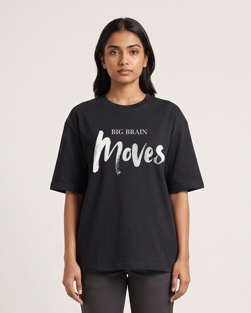 Big Brain Moves - Dark - Black - Chapter26 premium oversized graphic t-shirt, worn by a female model