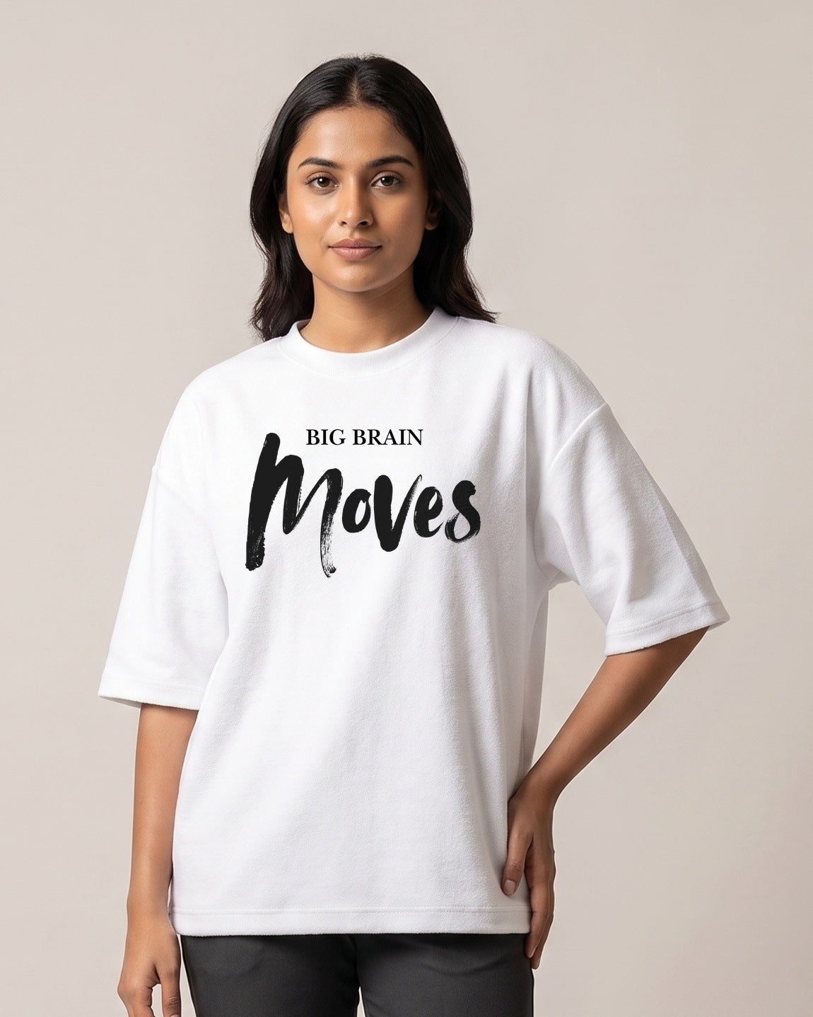 Big Brain Moves - Light - White - Chapter26 premium oversized graphic t-shirt, worn by a female model