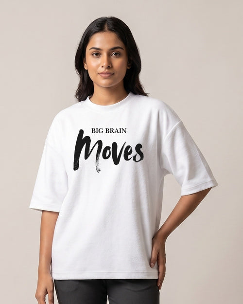 Big Brain Moves - Light - White - Chapter26 premium oversized graphic t-shirt, worn by a female model