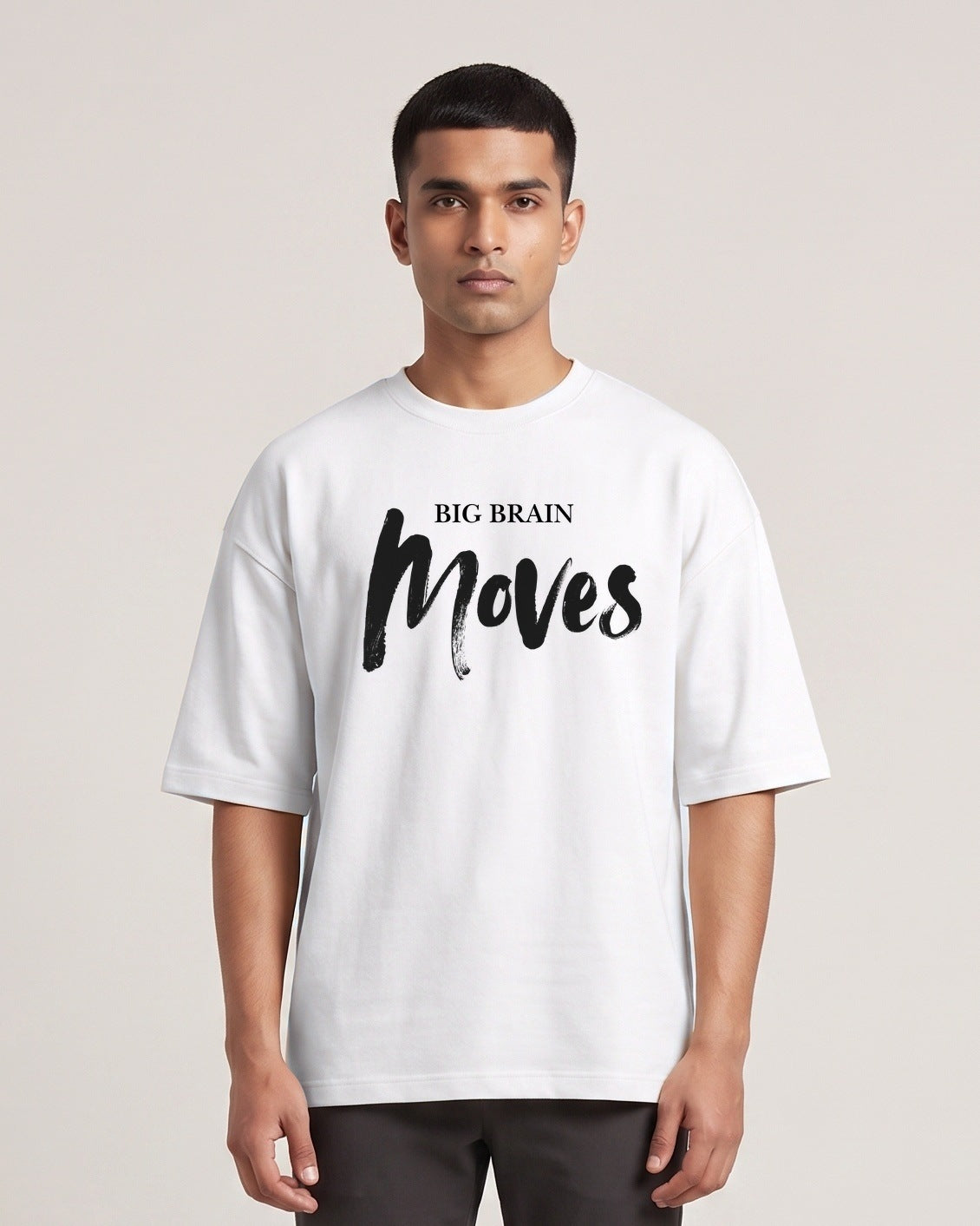 Big Brain Moves - Light - White - Chapter26 premium oversized graphic t-shirt, worn by a male model