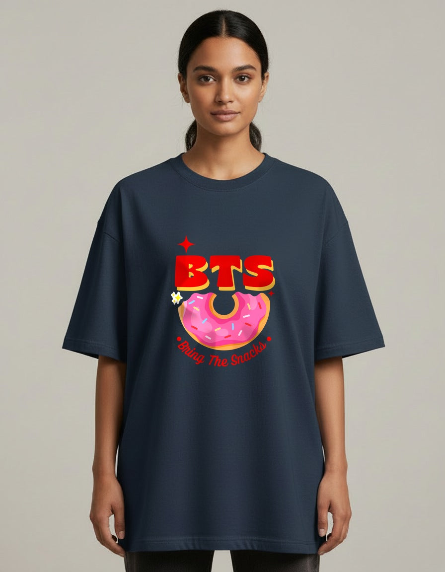 BTS - Bring The Snacks - Navy Blue - Chapter26 premium oversized graphic t-shirt, worn by a female model