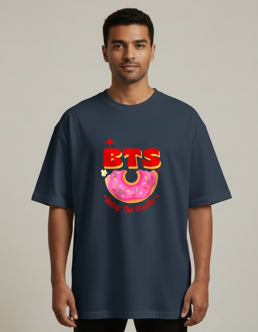 BTS - Bring The Snacks - Navy Blue - Chapter26 premium oversized graphic t-shirt, worn by a male model