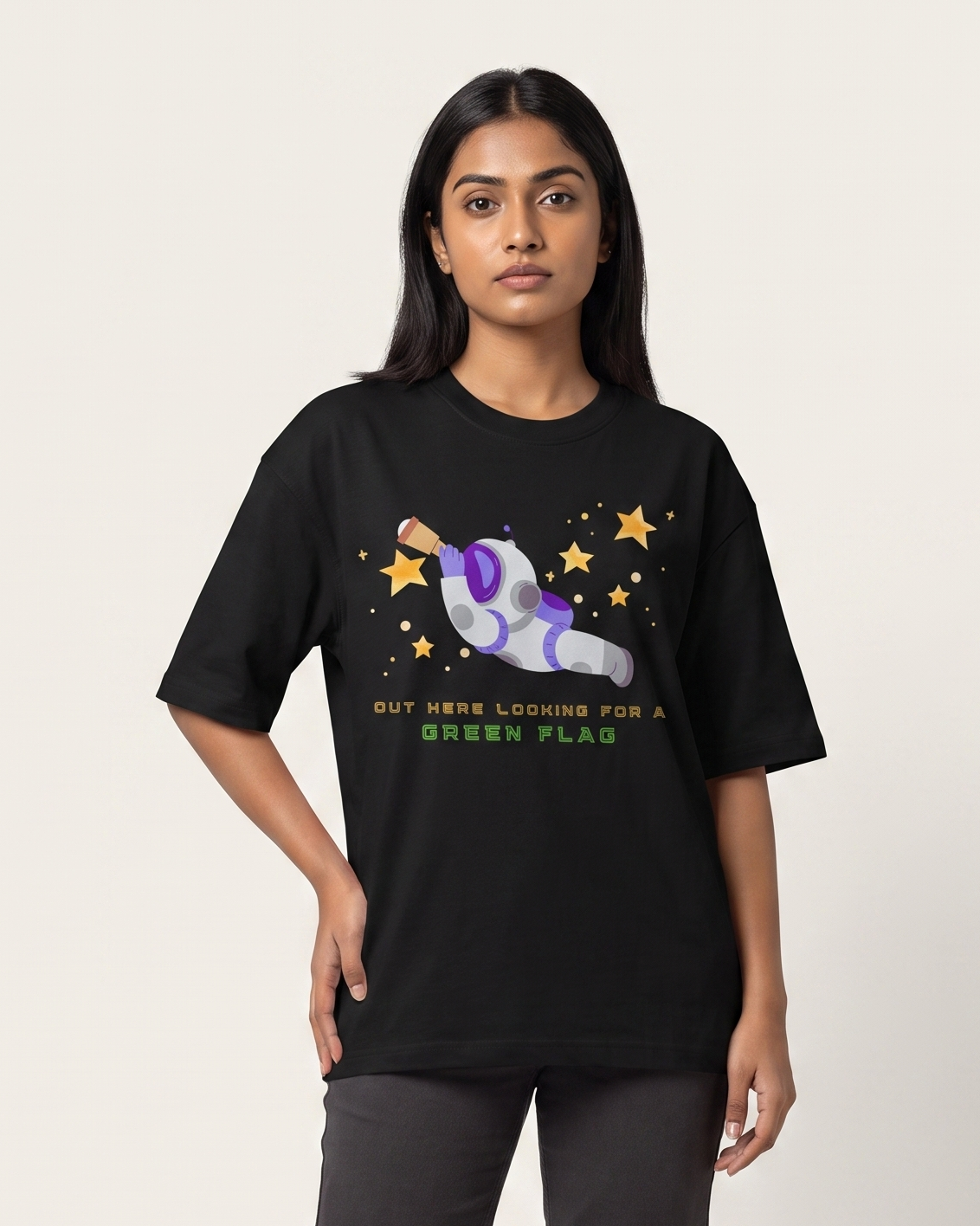 Looking for A Green Flag - Black - Chapter26 premium oversized graphic t-shirt, worn by a female model