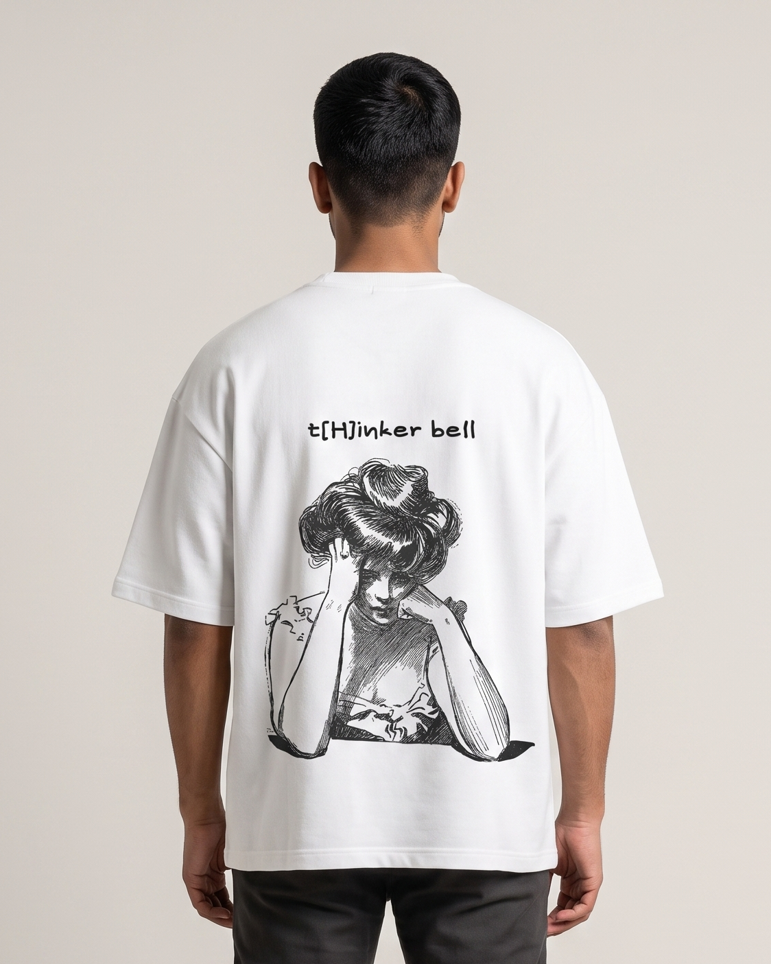 Thinker Bell - White - Chapter26 premium oversized graphic t-shirt, back print, worn by a model
