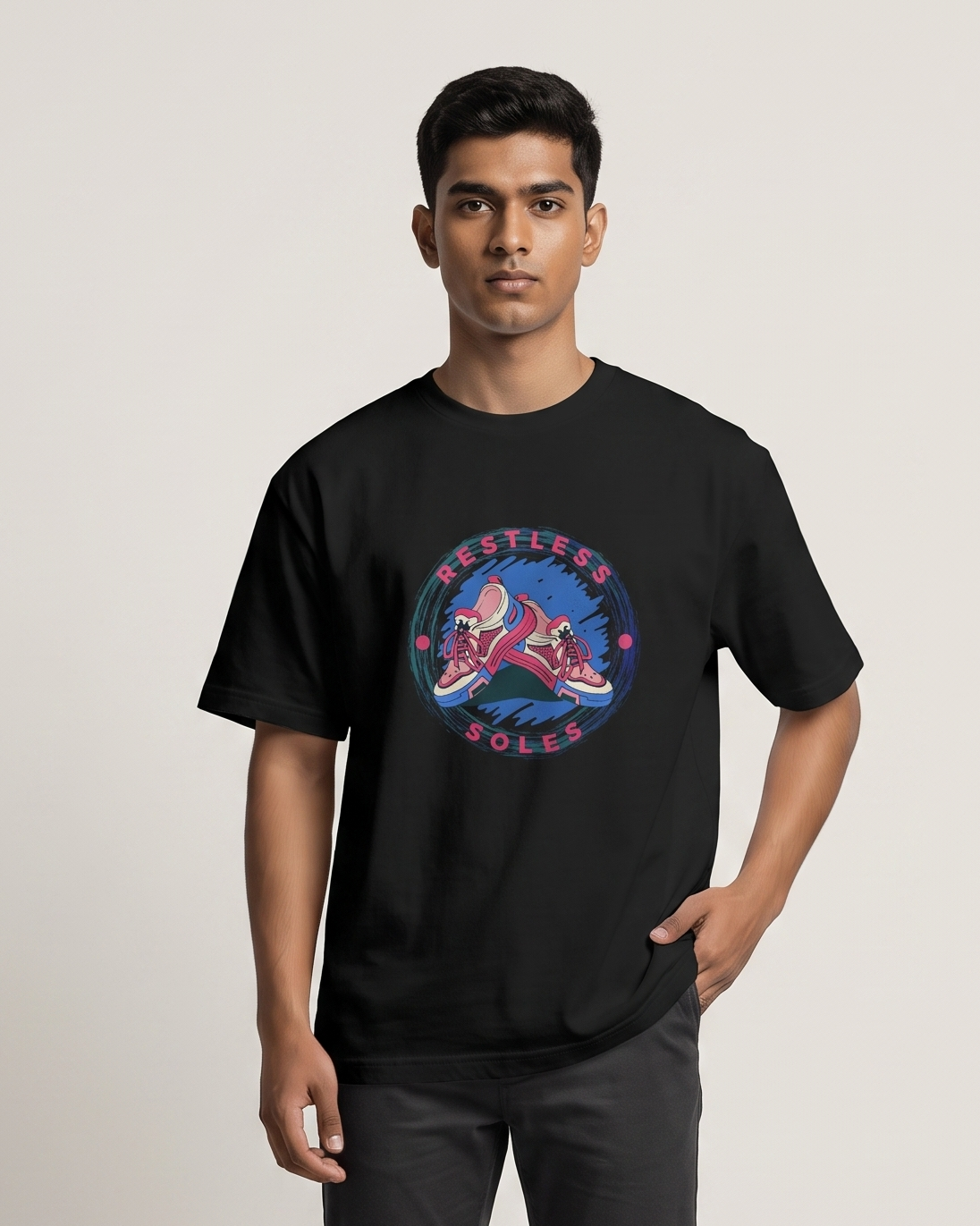 Restless Soles - Black - Chapter26 premium oversized graphic t-shirt, worn by a model