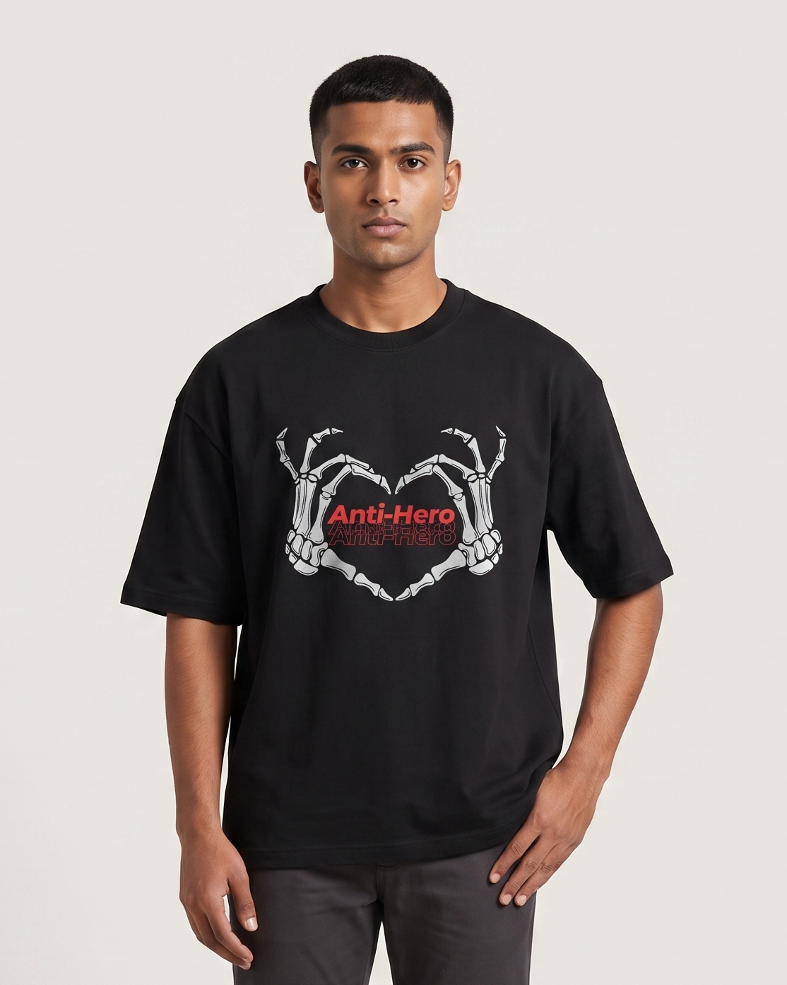 Anti-Hero - Black - Chapter26 premium oversized graphic t-shirt, worn by a model