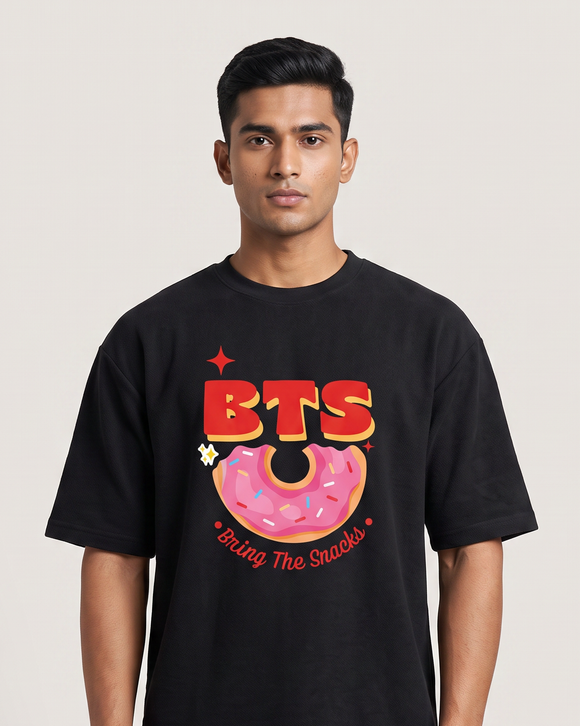 BTS - Bring The Snacks - Black - Chapter26 premium oversized graphic t-shirt, worn by a model