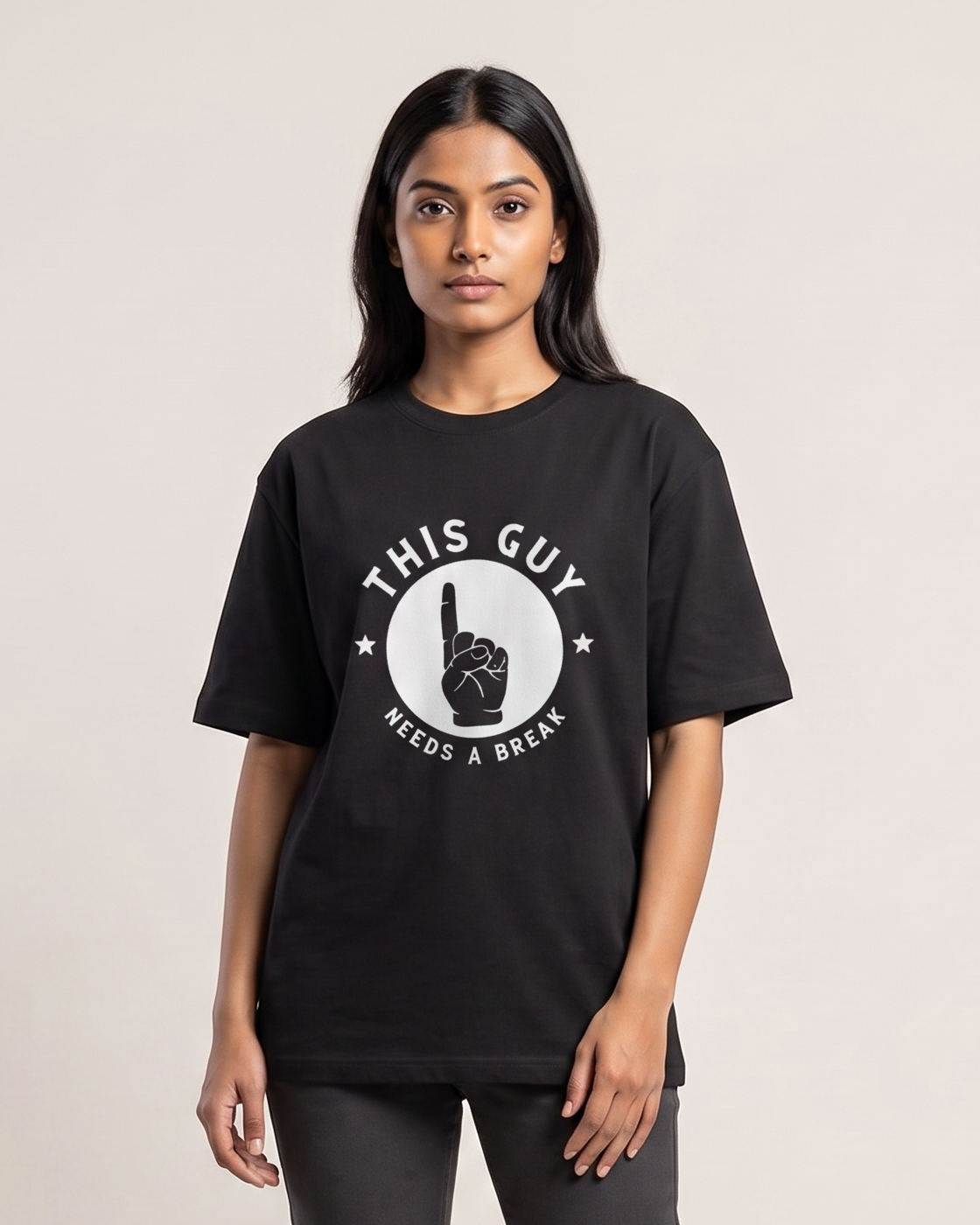 Need a Break - Black - Chapter26 premium oversized graphic t-shirt, worn by a female model