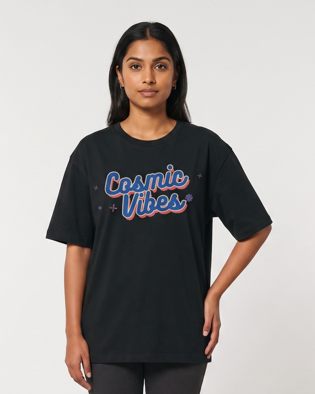 Cosmic Vibes - Black - Chapter26 premium oversized graphic t-shirt, worn by a female model