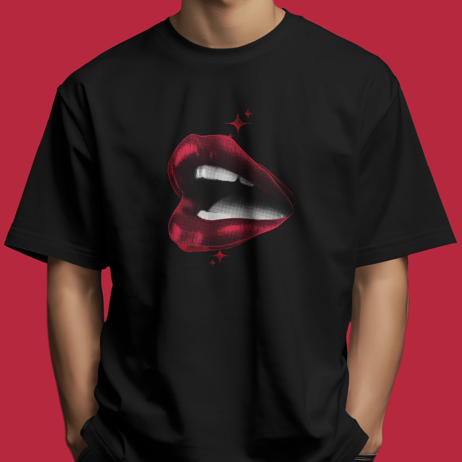 Luscious Red - Chapter26 black oversized unisex t-shirt with a red lips front print, worn by a model
