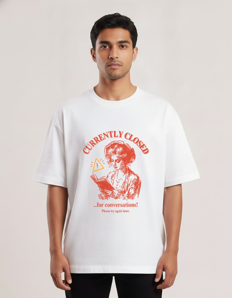 Closed for Conversations - White - Chapter26 premium oversized graphic t-shirt, worn by a male model