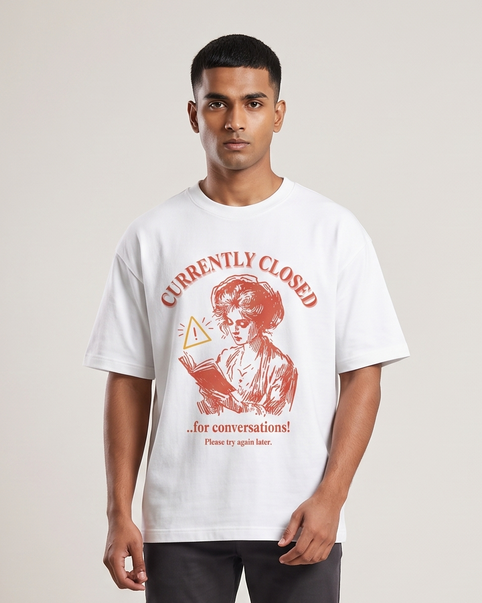 Closed for Conversations oversized t-shirt front print on model