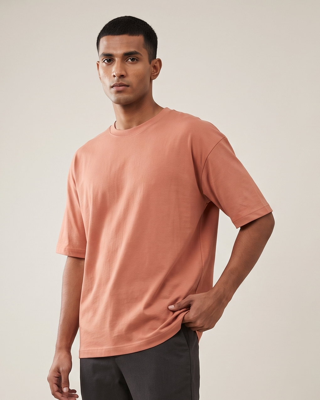 Coral oversized t-shirt front on model