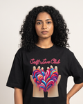 Self Love Club - Black - Chapter26 premium oversized graphic t-shirt, worn by a female model