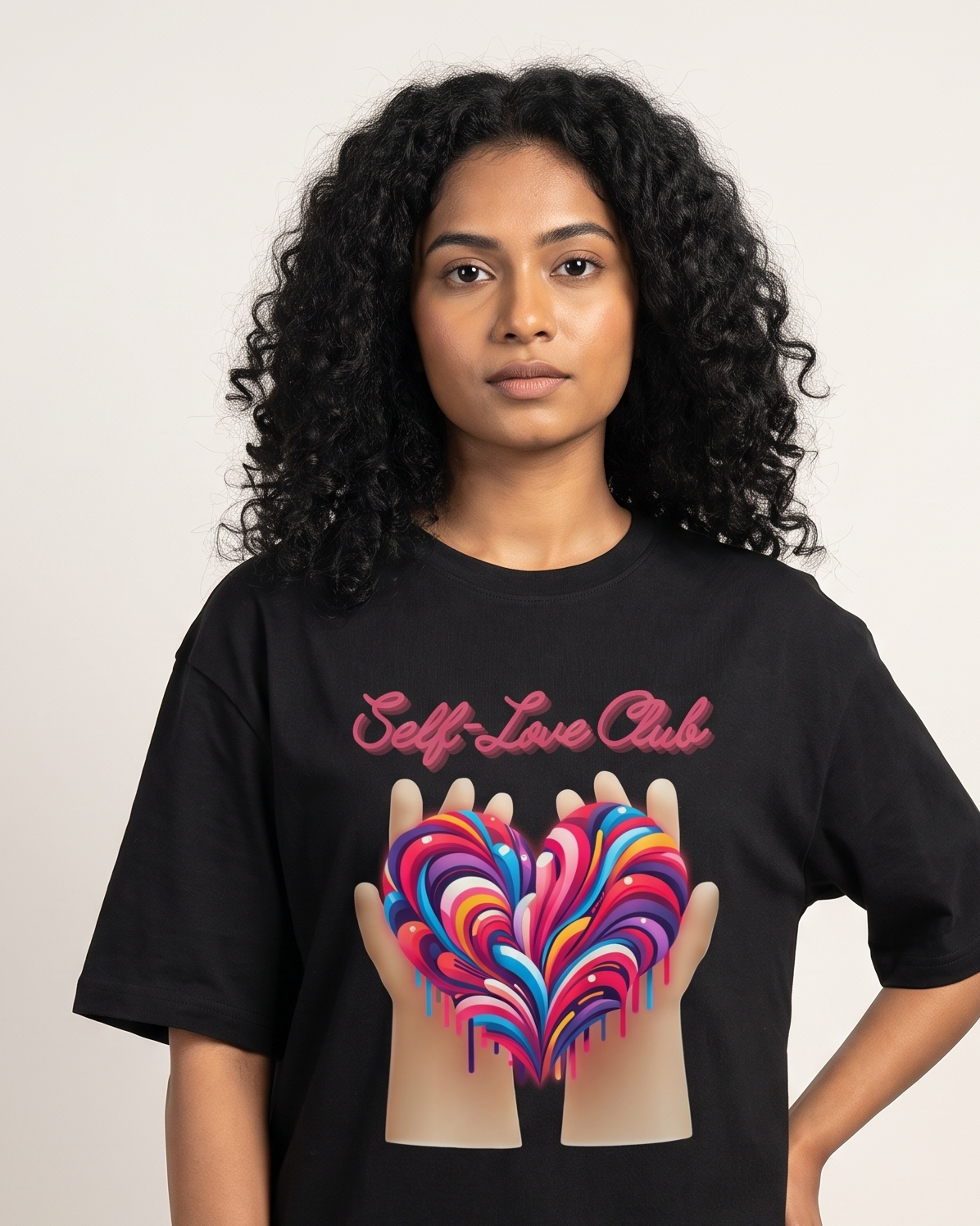 Self Love Club - Black - Chapter26 premium oversized graphic t-shirt, worn by a female model