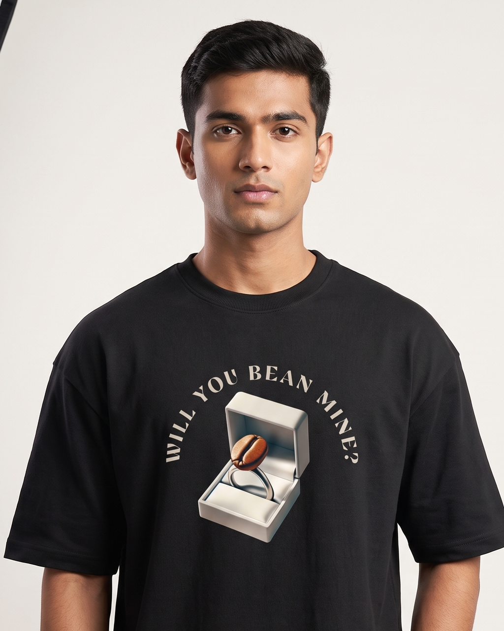 Will You Bean Mine? - Black - Chapter26 premium oversized graphic t-shirt, worn by a model