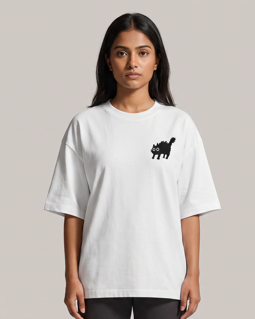 Freaky Cat Oversized T-Shirt - White - Chapter26 premium oversized graphic t-shirt, worn by a female model