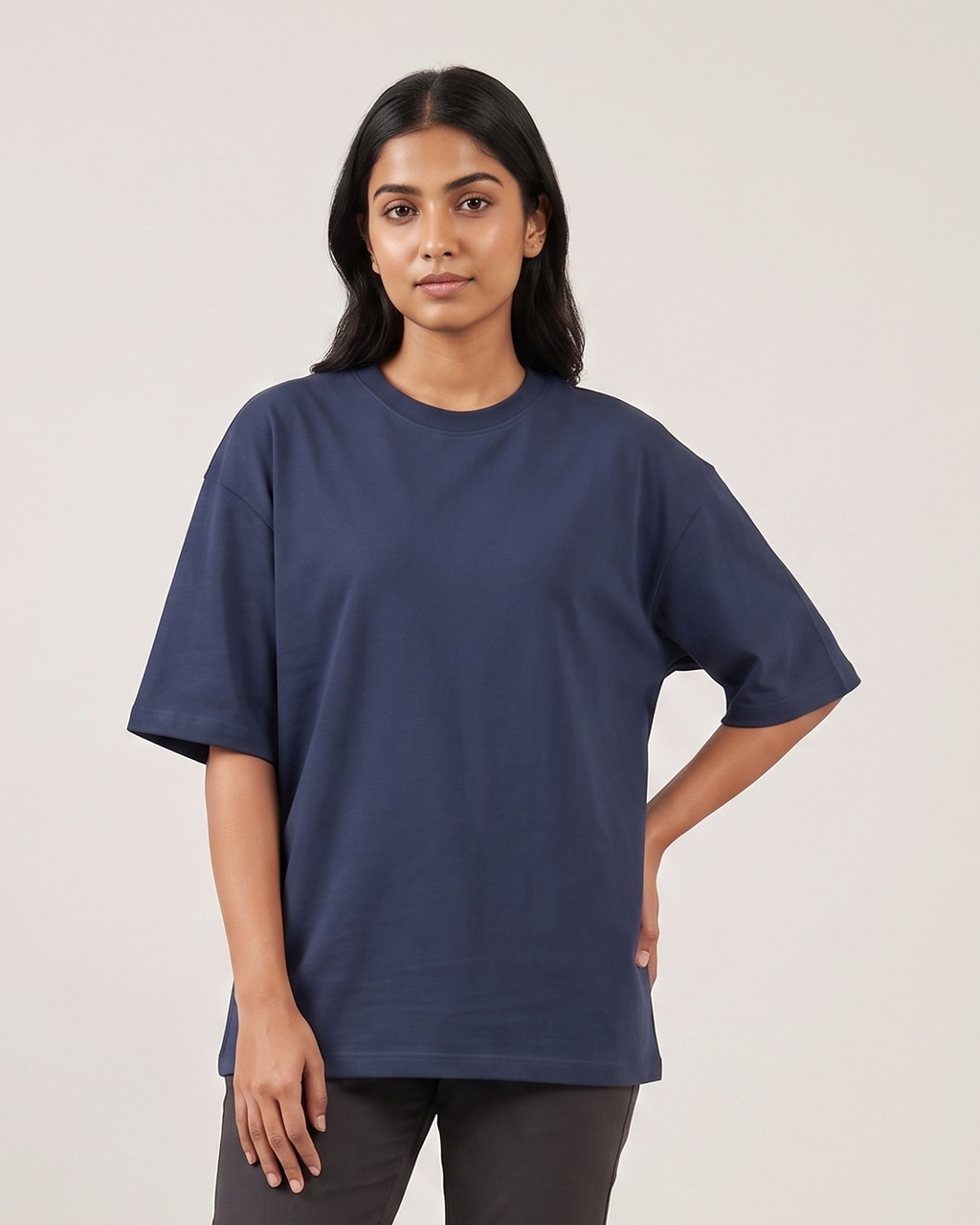 Navy - Chapter26 premium oversized graphic t-shirt, worn by a female model