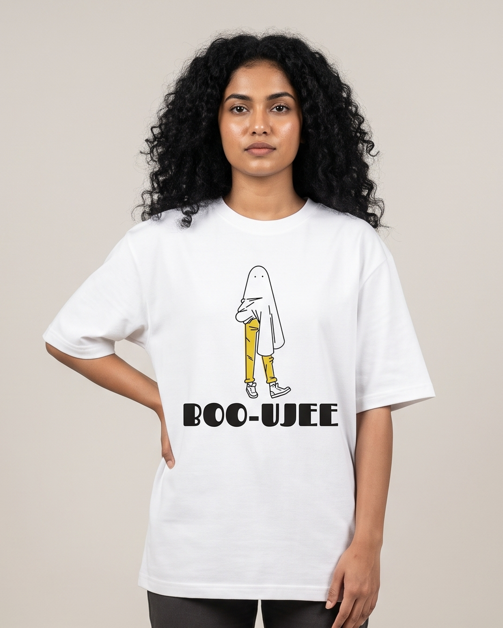 BOO-UJEE - White - Chapter26 premium oversized graphic t-shirt, worn by a female model