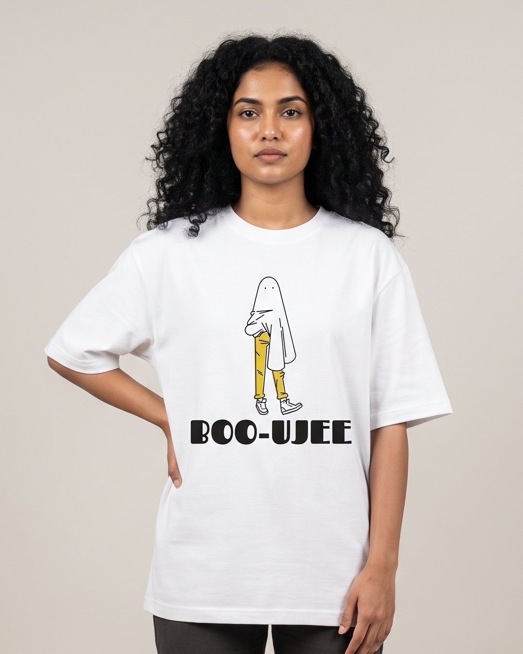 BOO-UJEE - White - Chapter26 premium oversized graphic t-shirt, worn by a female model