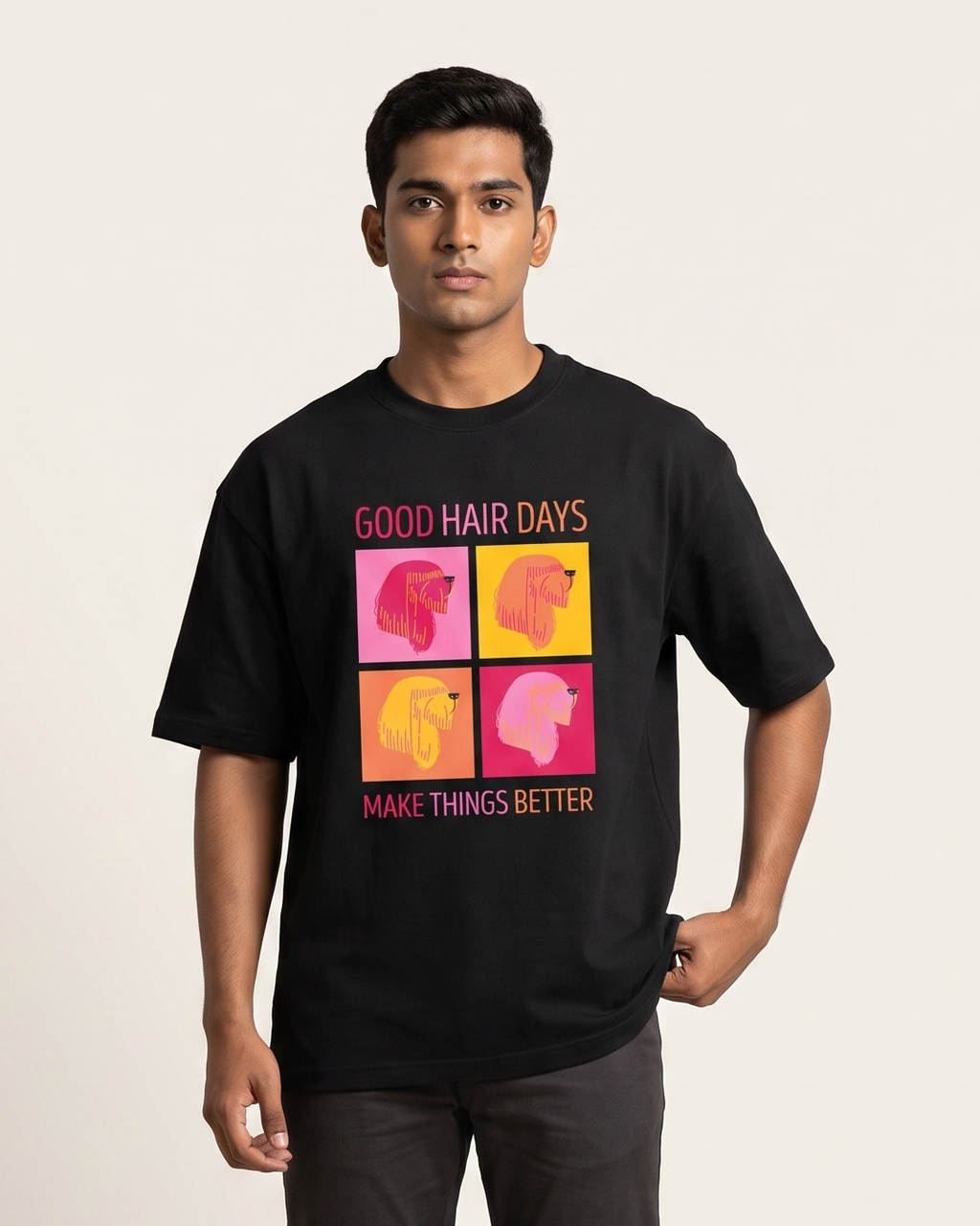 Good Hair Days - Black - Chapter26 premium oversized graphic t-shirt, worn by a model