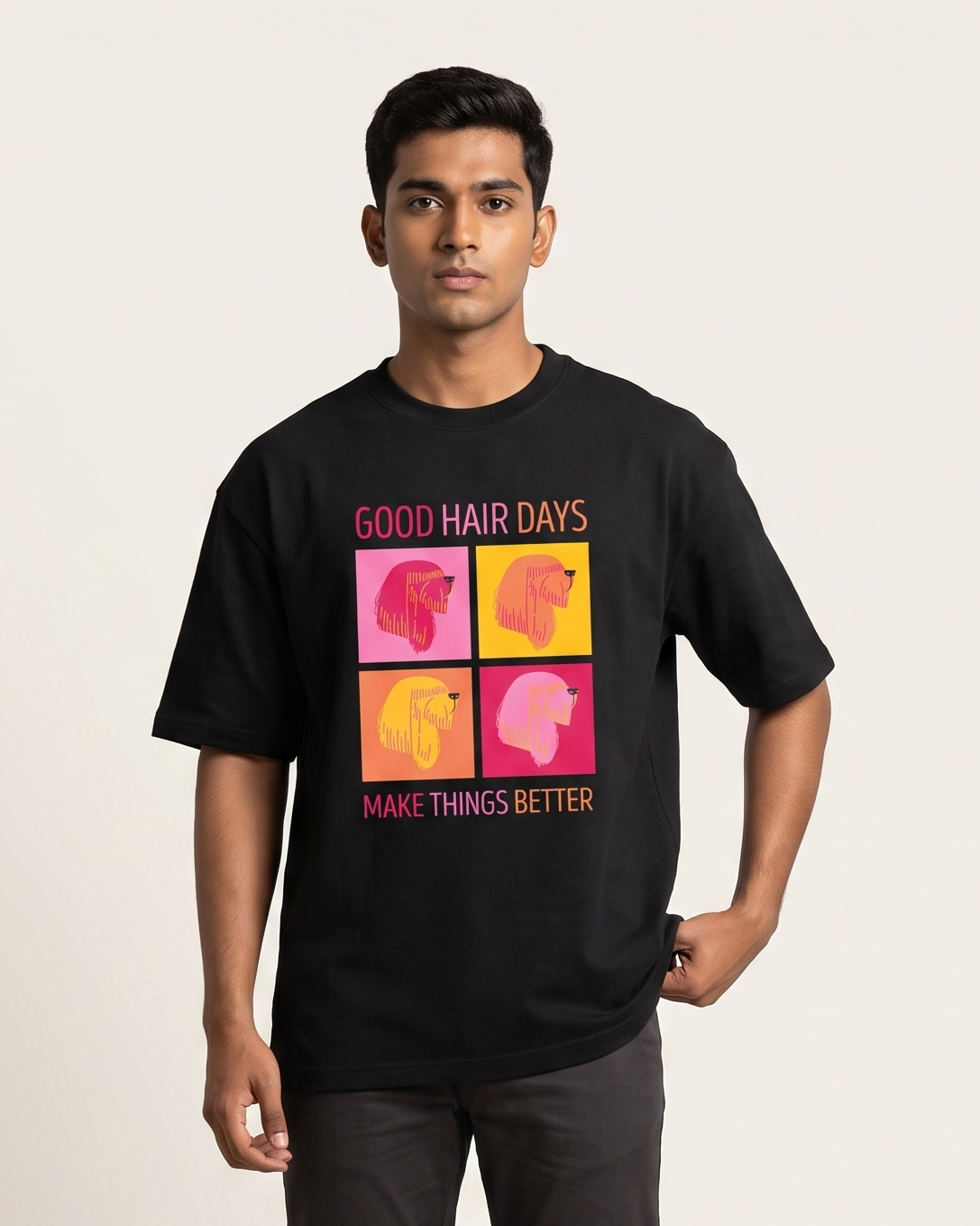 Good Hair Days - Black - Chapter26 premium oversized graphic t-shirt, worn by a model