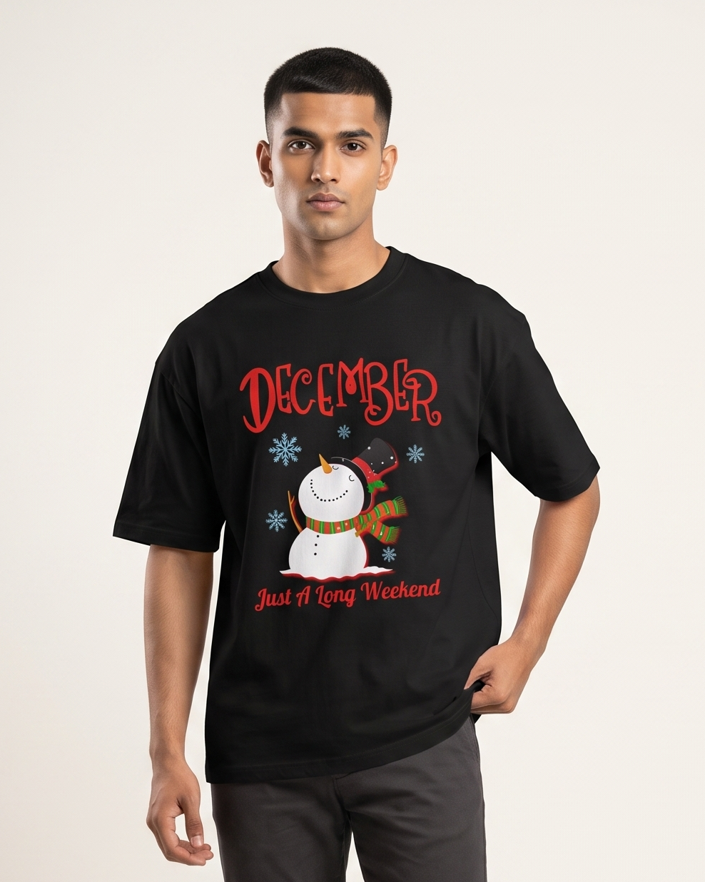 December A Long Weekend oversized t-shirt front print on model - Black