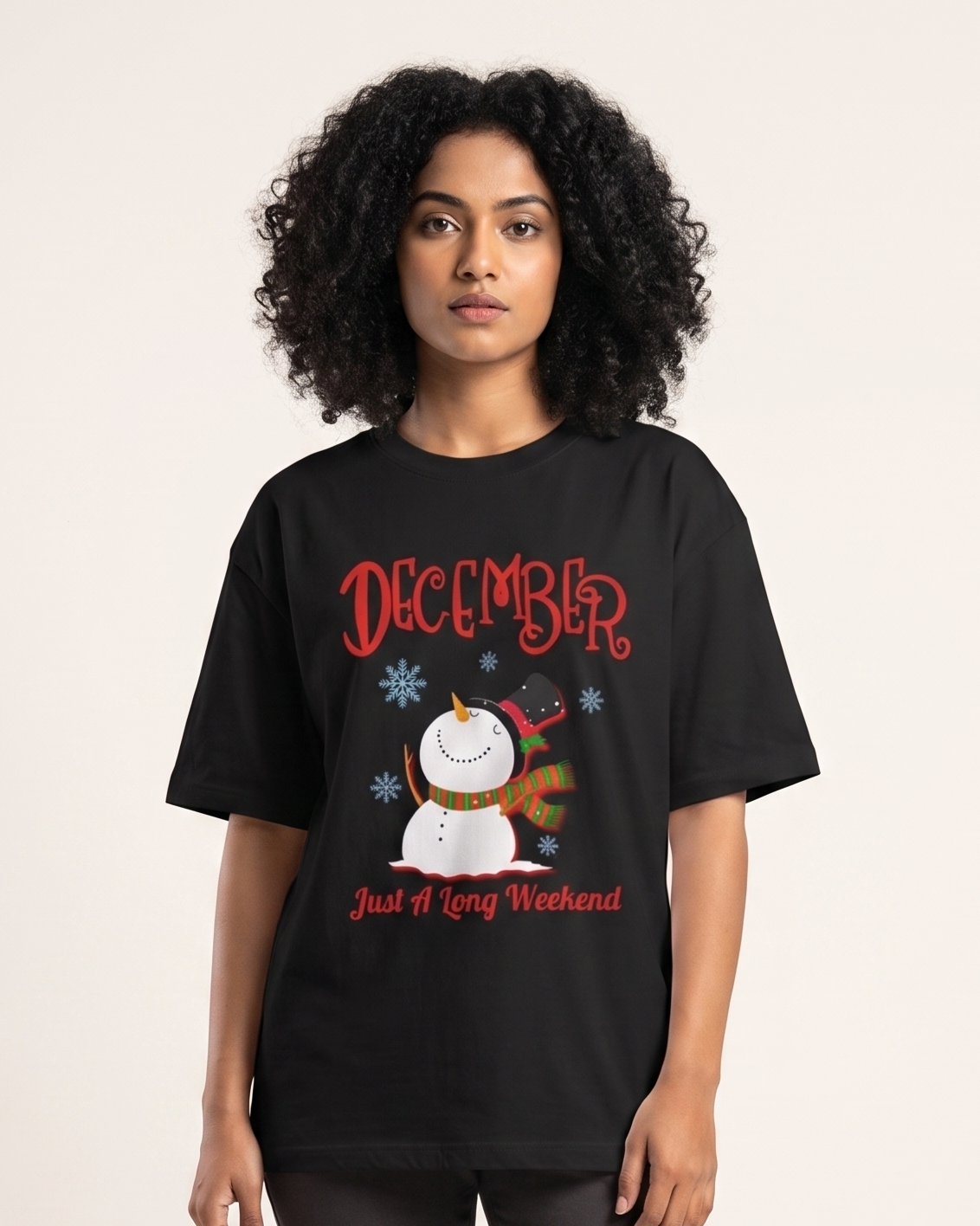 December - A Long Weekend - Black - Chapter26 premium oversized graphic t-shirt, worn by a female model