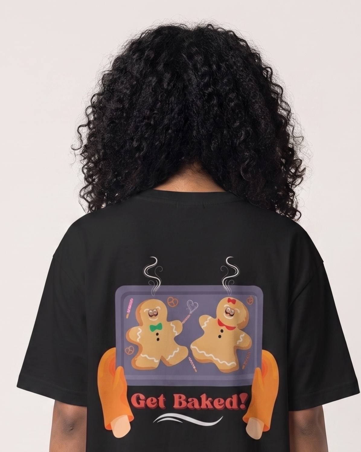 Get Baked - Black - Chapter26 premium oversized graphic t-shirt, back print, worn by a female model