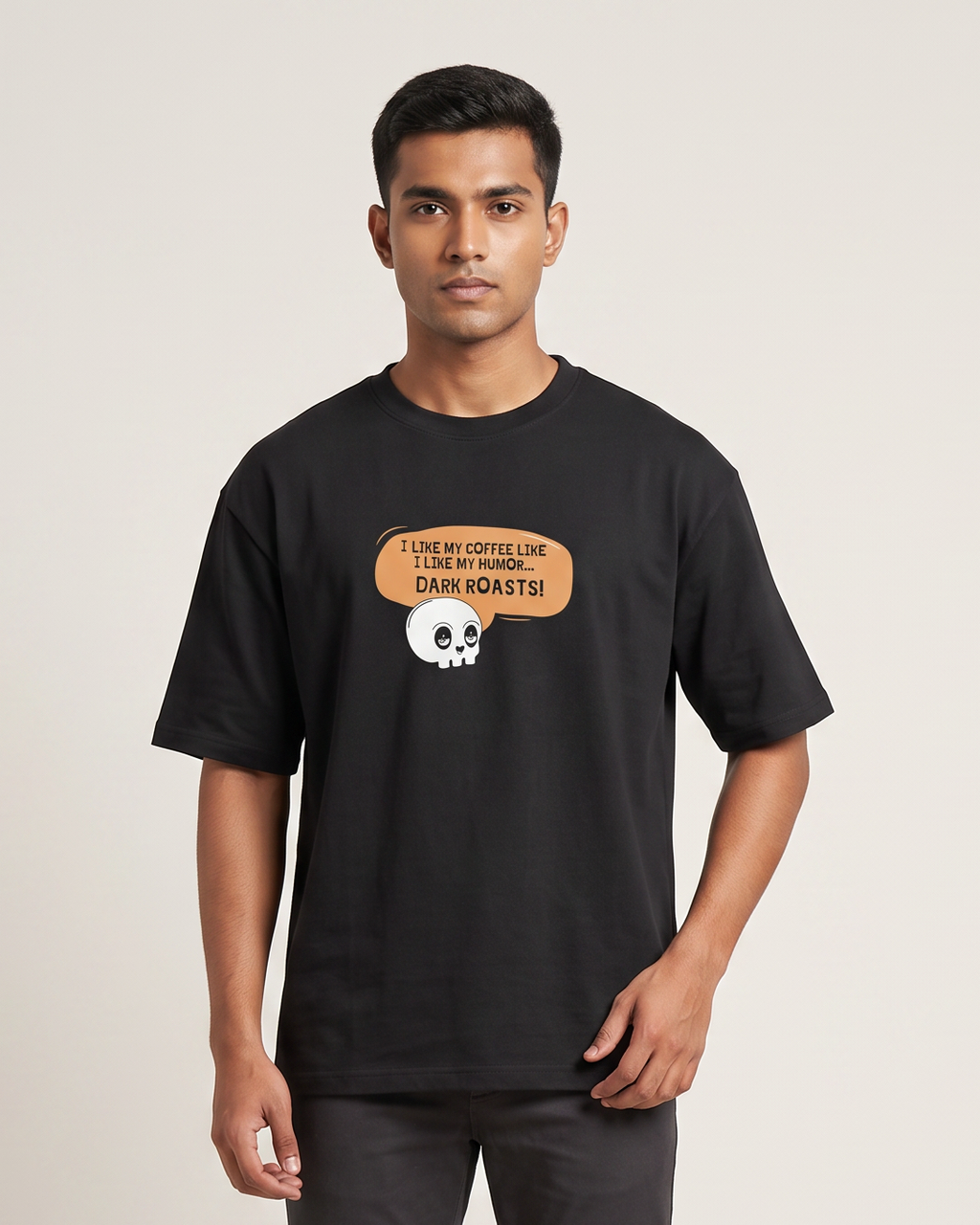 Dark Coffee Roasts Oversized T-Shirt - Black - Chapter26 premium oversized graphic t-shirt, worn by a model