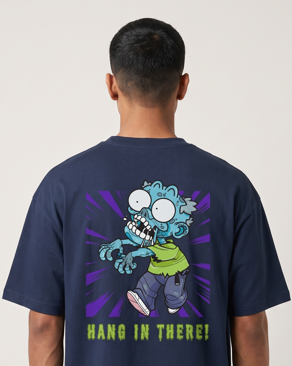Hang In There - Navy Blue - Chapter26 premium oversized graphic t-shirt, back print, worn by a model