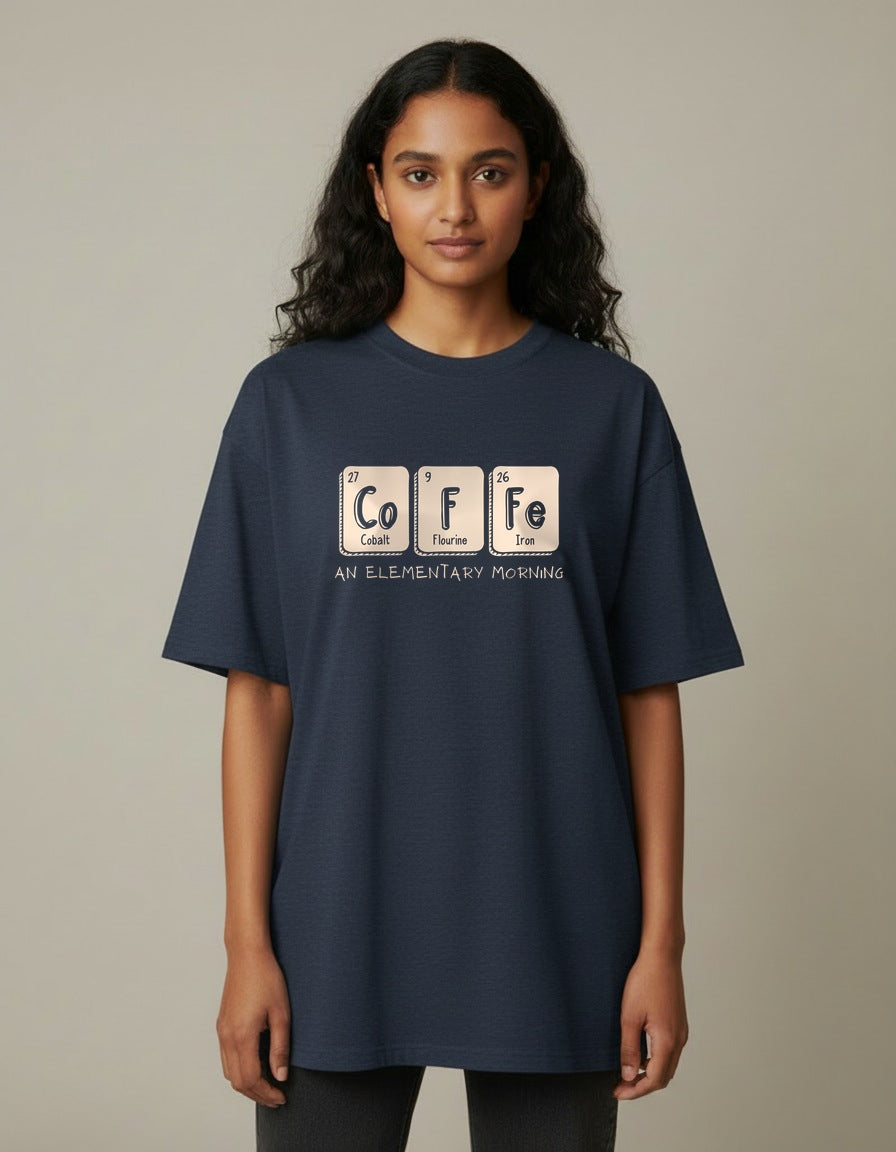 Elementary Coffee - Navy Blue - Chapter26 premium oversized graphic t-shirt, worn by a female model
